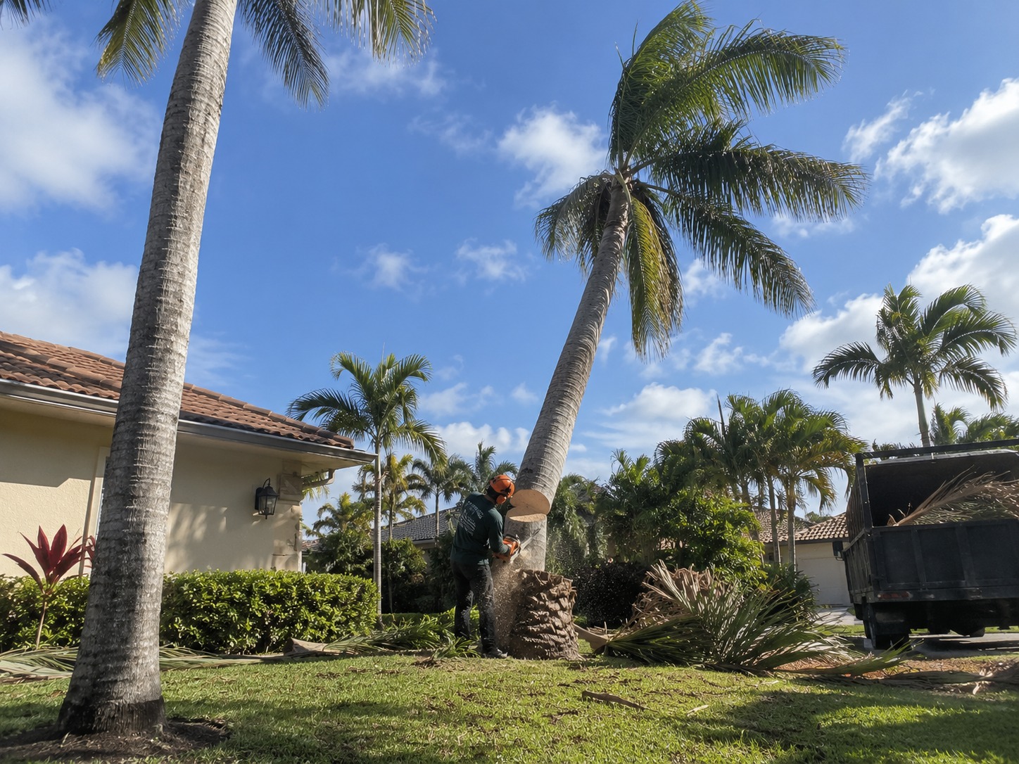 Arborist making the felling cut at the base of a Bangalow palm, with a loaded truck standing by
