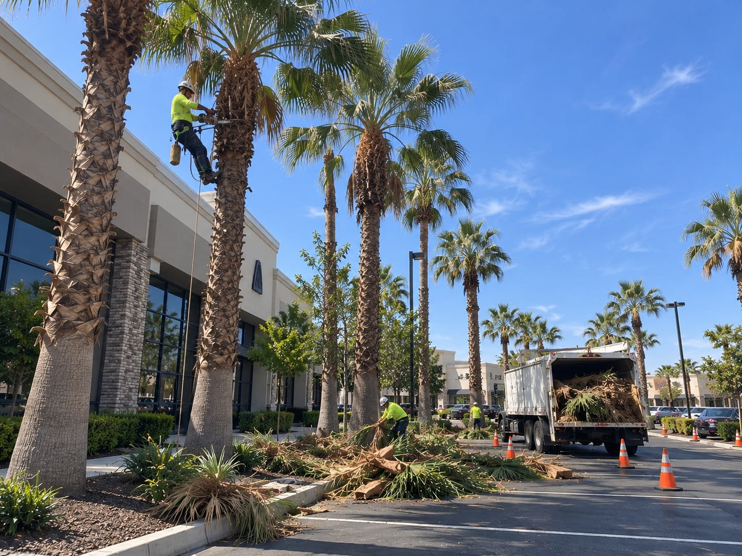 Crew clearing fallen palm fronds into a truck with the site coned off