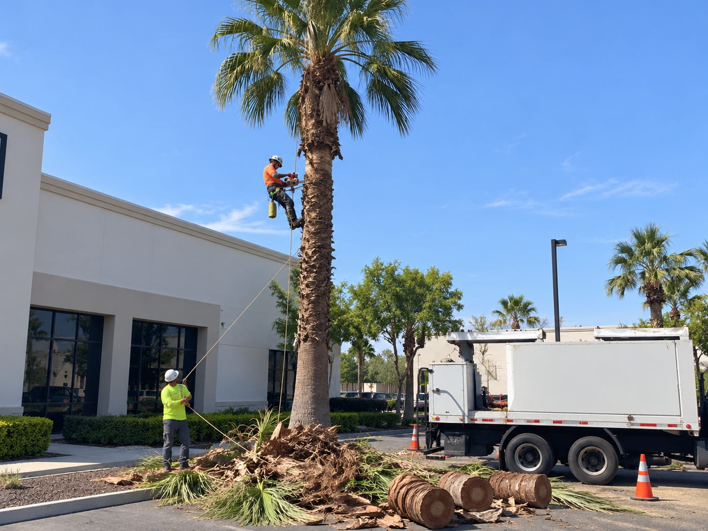 Arborist roped into a tall palm while a groundie holds the lowering line, cut frond bases stacked below