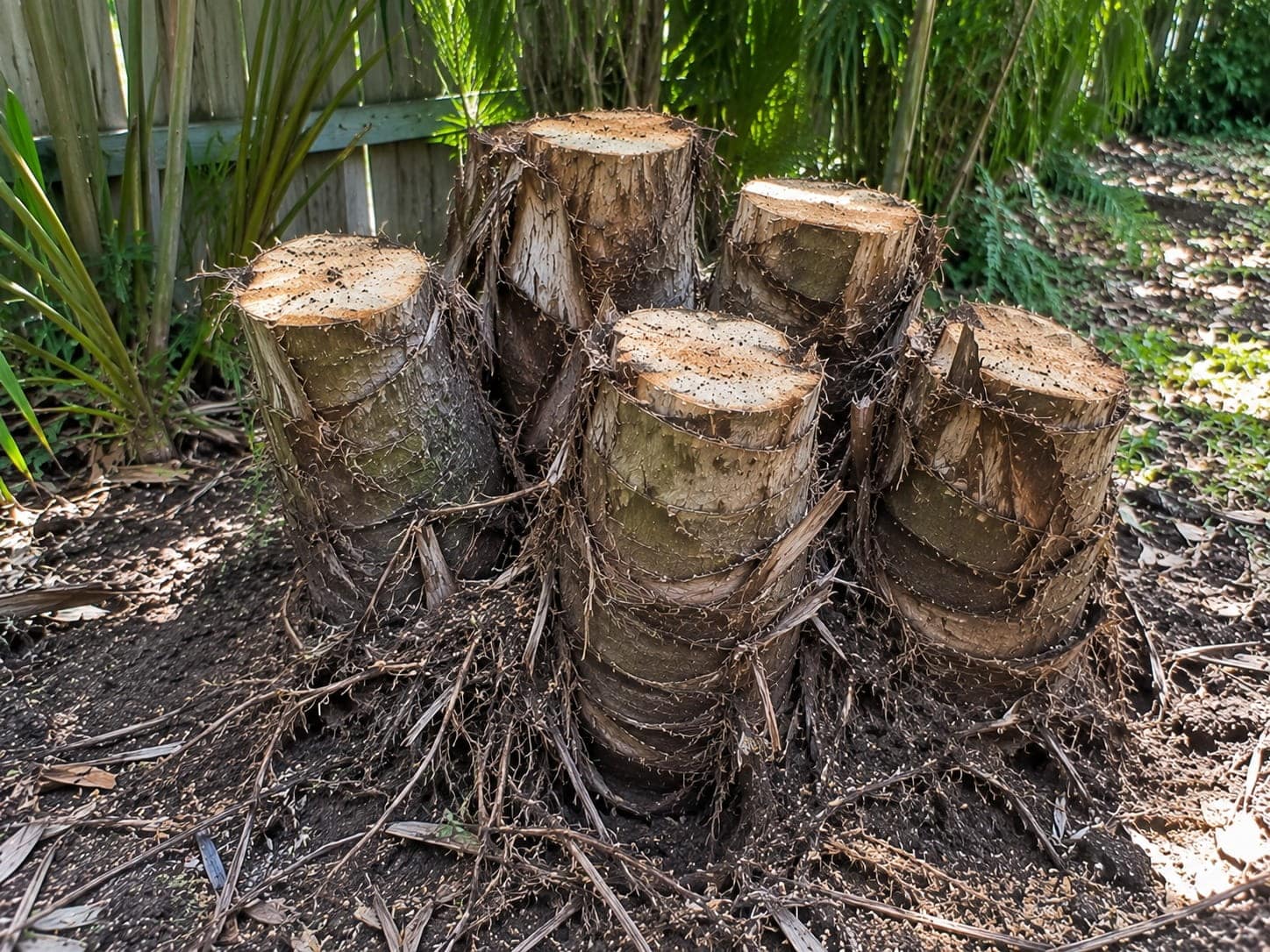 Multi-trunk Kentia palm stump in a sheltered Auckland courtyard