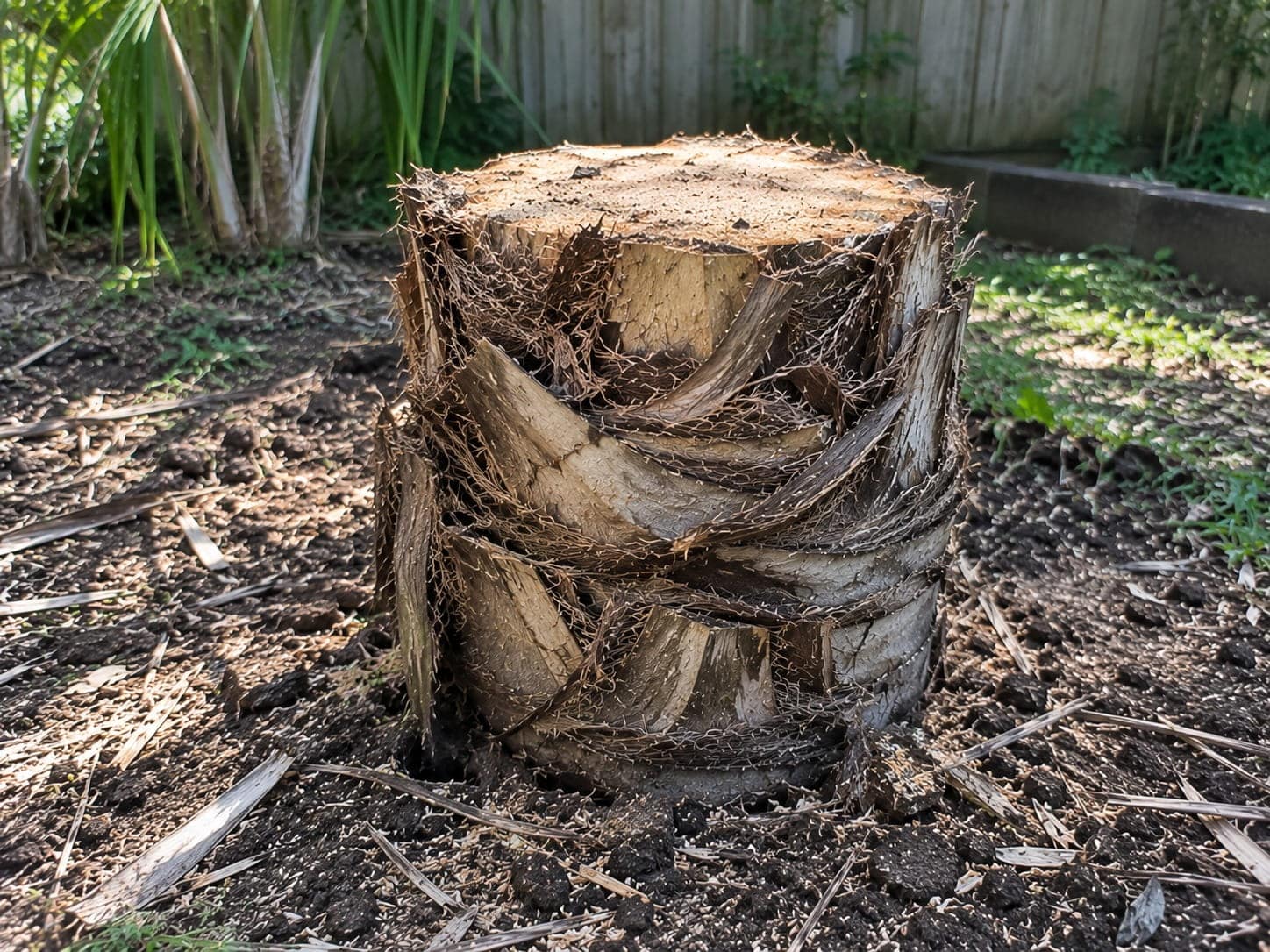 Nikau palm stump in a shaded Auckland garden before stump grinding