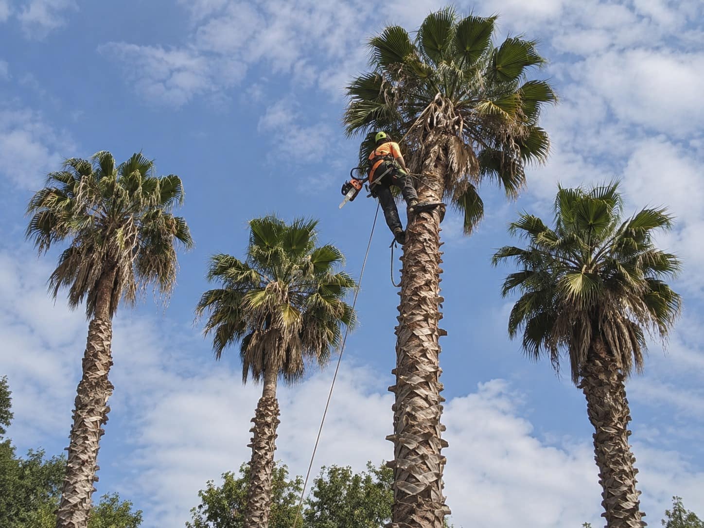 Climbing arborist working near the crown of a very tall fan palm against an Auckland sky