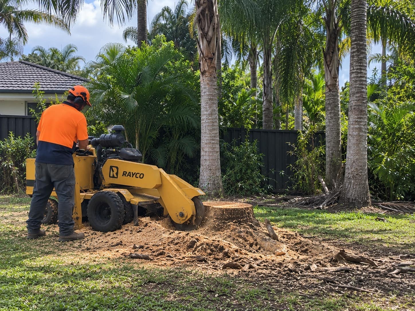 Operator running a Rayco stump grinder over a wide stump, grindings heaped across the lawn