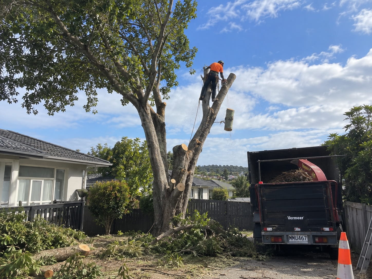 Arborist sectioning a tree trunk above an Auckland house, with a loaded chipper truck alongside
